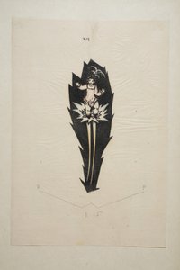 Design, skylt 6, bok 6, illustration från "Wiener Werkstatte Mode 191415", pub. Eduard Kosmack, Wien, 1914-1915 (handfärgat linosnitt)